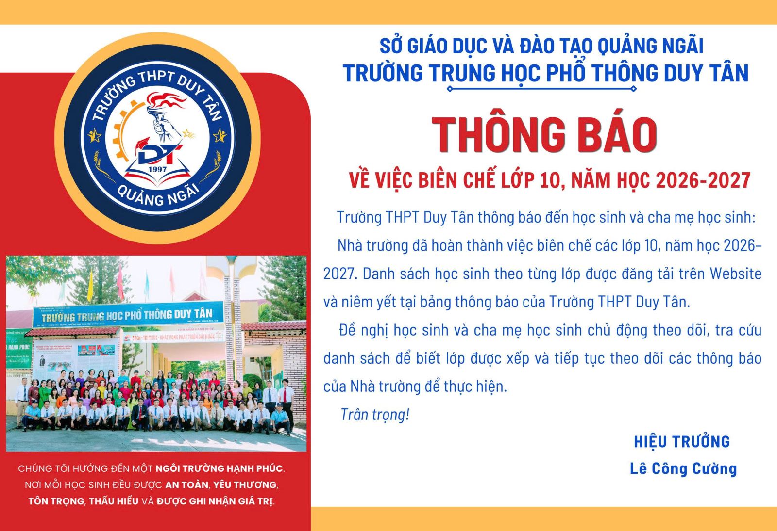 DANH SÁCH BIÊN CHẾ LỚP 10, NĂM HỌC 2026-2027